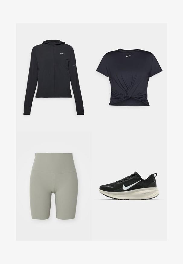 Casaco preto com capuz e mangas longas, feito de material leve. Apresenta um fecho dourado na frente, um logótipo da Nike e detalhes de design subtis.; T-shirt atlético preto feito de tecido liso, apresentando um design frontal com nó e um pequeno logótipo branco da Nike no peito.; Nike Performance ZENVY 8IN SHORT - Leggings - light army/black; Sapatilha de corrida Nike preta com parte superior de malha respirável, logotipo Swoosh branco, detalhes texturizados e uma entressola ZoomX na cor creme.