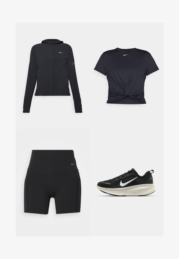 Schwarze Kapuzenjacke mit langen Ärmeln, aus leichtem Material gefertigt. Sie hat einen vorderen Reißverschluss, ein Nike-Logo und dezente Designelemente.; Schwarzes Sport-T-Shirt aus glattem Stoff, mit einem geknoteten Vorderdesign und einem kleinen weißen Nike-Logo auf der Brust.; Nike Performance UNIVERSA SHORT - Tights - black; Schwarzer Nike-Laufschuh mit atmungsaktivem Mesh-Obermaterial, weißem Swoosh-Logo, strukturierten Details und einer cremefarbenen ZoomX-Zwischensohle.