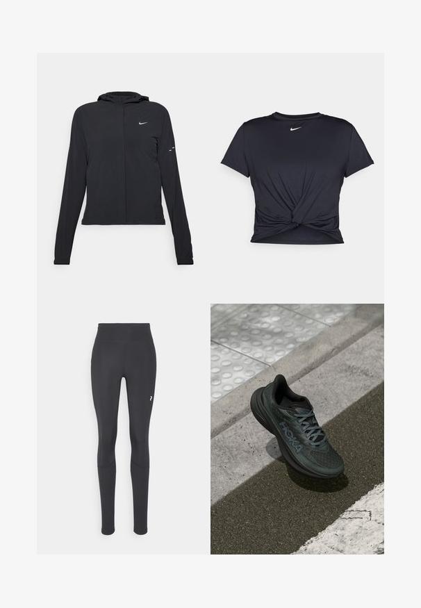 Black hooded jacket with long sleeves, made from lightweight material. Features a front zipper, a Nike logo, and subtle design accents.; Black athletic t-shirt made of smooth fabric, featuring a knotted front design and a small white Nike logo on the chest.; Black leggings with a high waistband, made of stretchy fabric. Includes a small white logo on the lower right side and seams for structure.; Black running shoe with mesh upper, textured accents, and logo, featuring a cushioned sole and gray laces, positioned on pavement.