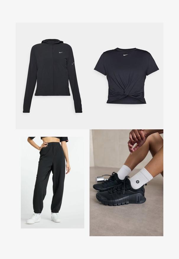 Black hooded jacket with long sleeves, made from lightweight material. Features a front zipper, a Nike logo, and subtle design accents.; Black athletic t-shirt made of smooth fabric, featuring a knotted front design and a small white Nike logo on the chest.; New Balance ESSENTIALS FRENCH JOGGER - Tracksuit bottoms - black; Black athletic shoes with textured fabric, laced design, and a prominent sole, paired with white ribbed socks featuring a small logo.