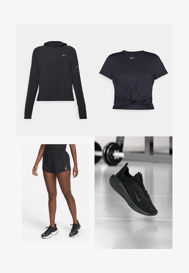 Black hooded jacket with long sleeves, made from lightweight material. Features a front zipper, a Nike logo, and subtle design accents.; Black athletic t-shirt made of smooth fabric, featuring a knotted front design and a small white Nike logo on the chest.; Black athletic shorts with a cinched waistband and side slits, made from lightweight material, paired with black running shoes featuring a white swoosh.; Black sports sneaker with Nike logo, shown mid-air on gym floor, with blurred dumbbell rack in background.