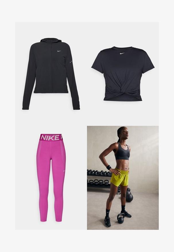 Veste à capuche noire avec des manches longues, fabriquée en matériau léger. Elle comporte une fermeture éclair à l'avant, un logo Nike et des accents de design subtils.; T-shirt de sport noir en tissu lisse, avec un design avant noué et un petit logo Nike blanc sur la poitrine.; Leggings Nike roses avec une large ceinture grise arborant le nom de la marque. Texture lisse, longueur pleine et détails en mesh sur les côtés pour une meilleure respirabilité.; Soutien-gorge de sport noir, shorts jaunes éclatants avec une ceinture élastique, chaussures de sport noires et bandeaux, se tenant à côté de kettlebells.
