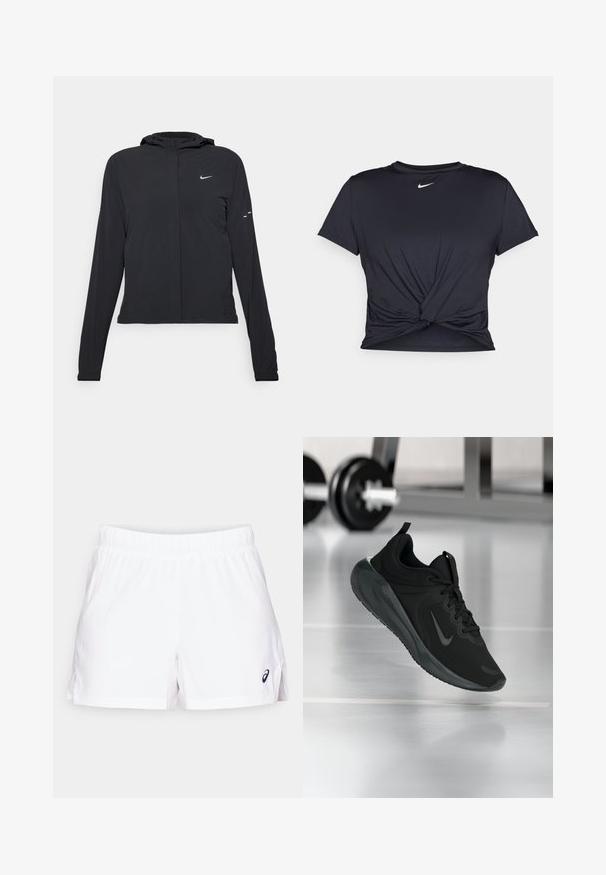 Must musta kapuutsiga jakk, millel on pikad varrukad ja mis on valmistatud kergetest materjalidest. Omab esitaskut, Nike logo ja kergelt silmatorkavaid disainiaktsente.; Mustmust musta sportlik T-särk, mis on valmistatud sujuvast kangast, millel on sõlmega esikülg ja väike valge Nike logo rinnal.; Valged sportlikud lühikesed püksid, millel on elastne vöökoht, külgmised lõhikud ja väike must logo paremal alapoole. Valmistatud kergest materjalist.; Mustad mustang spordijalatsid Nike logo'ga, õhus spordisaali põrandal, häguste hantlite riiulitega taustal.