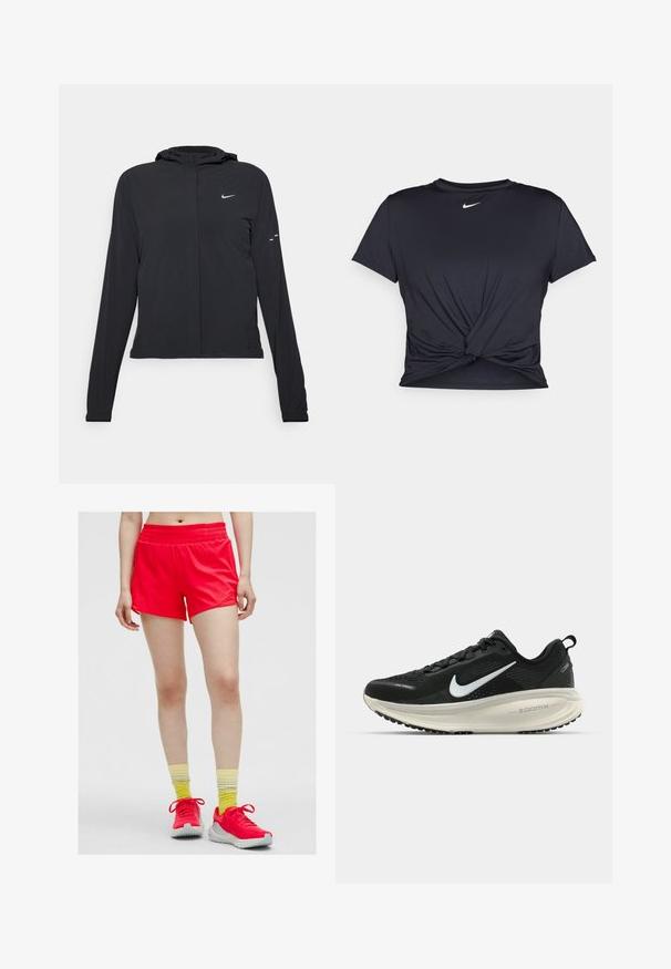 Juodas gobtuvas striukė su ilgomis rankovėmis, pagaminta iš lengvo audinio. Pasižymi priekiniais užtrauktukais, Nike logotipu ir subtiliais dizaino akcentais.; Juodas sportinis marškinėlis, pagamintas iš lygios medžiagos, su surišta priekiu ir mažu baltu Nike logotipu ant krūtinės.; Raudonos sportinės šortai su elastinga juosta, lygiu audiniu ir laisva forma. Kartu su geltonomis ir dryžuotomis kojinėmis bei sportiniais bateliais.; Juodas Nike sportinis batelis su kvėpuojančiu tinklu, baltu swoosh logotipu, tekstūruoto dizaino detalėmis ir grietinėlės spalvos ZoomX viduriu.