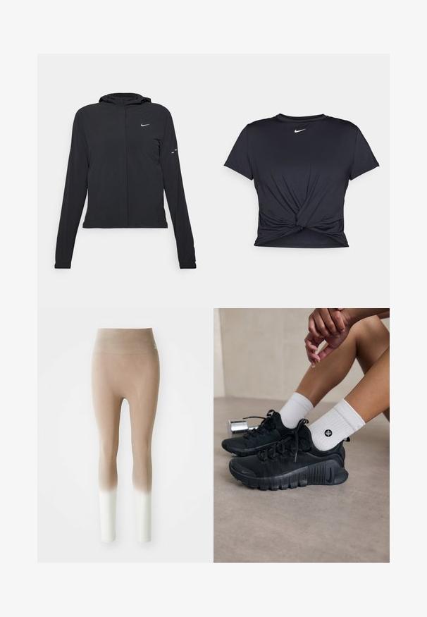 Jachetă neagră cu glugă, cu mâneci lungi, fabricată din material ușor. Dispune de un fermoar frontal, un logo Nike și accente de design subtile.; Tricou sport negru din material neted, cu un design frontal legat și un mic logo Nike alb pe piept.; Leggings ombre fără sudură de la bej la alb, cu talie înaltă, expuse pe un fundal alb simplu.; Pantofi sport negri din material texturat, cu un design cu sireturi și o talpă proeminentă, asortați cu șosete albe cu model cu nervuri, având un mic logo.