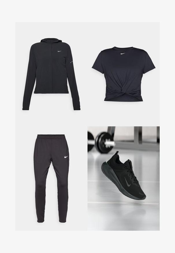 Crna jakna s kapuljačom i dugim rukavima, izrađena od laganog materijala. Ima prednji patentni zatvarač, Nike logo i suptilne dizajnerske detalje.; Crni trenirac s kratkim rukavima izrađen od glatkog materijala, s čvorastim dizajnom sprijeda i malim bijelim Nike logotipom na prsima.; Crne Nike atletske hlače uskog kroja, s elastičnim pojasom i bijelim logom na lijevom bedru. Glatka, rastezljiva tkanina.; Crna sportska tenisica s Nike logotipom, prikazana u zraku na podu teretane, s mutnom stalcem za bučice u pozadini.
