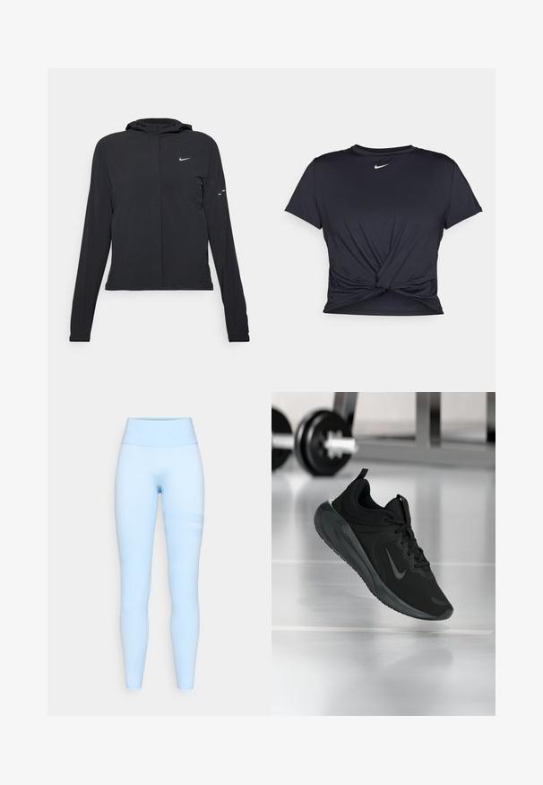Čierna kapucňová bunda s dlhou rukávou, vyrobená z ľahkého materiálu. Má predný zips, logo Nike a jemné dizajnové akcenty.; Čierne atletické tričko vyrobené z hladkej tkaniny, so zaväzovaným predným dizajnom a malým bielym logom Nike na hrudi.; Svetlomodré legíny vyrobené z pružného materiálu s vysokým pásom. Majú hladký povrch a jemný prúžkovaný vzor na stranách.; Čierne športové tenisky s logom Nike, zobrazené vo vzduchu na podlahe telocvične, s rozmazaným regálom činkami v pozadí.