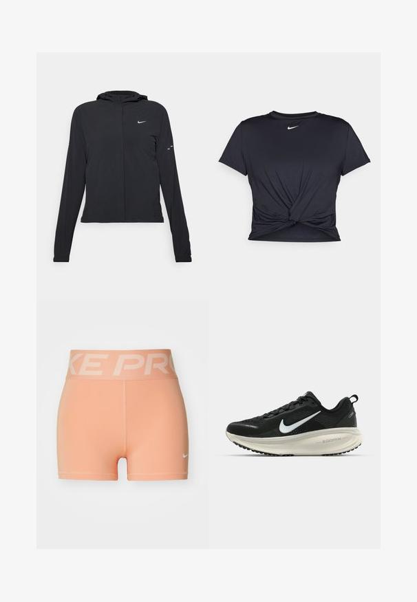Schwarze Kapuzenjacke mit langen Ärmeln, aus leichtem Material gefertigt. Sie hat einen vorderen Reißverschluss, ein Nike-Logo und dezente Designelemente.; Schwarzes Sport-T-Shirt aus glattem Stoff, mit einem geknoteten Vorderdesign und einem kleinen weißen Nike-Logo auf der Brust.; Pfirsichfarbene Sportshorts mit breitem elastischem Taillenbund, auf dem der Text "NIKE PRO" steht. Gefertigt aus dehnbarem Material, mit kleinem weißen Nike-Logo.; Schwarzer Nike-Laufschuh mit atmungsaktivem Mesh-Obermaterial, weißem Swoosh-Logo, strukturierten Details und einer cremefarbenen ZoomX-Zwischensohle.