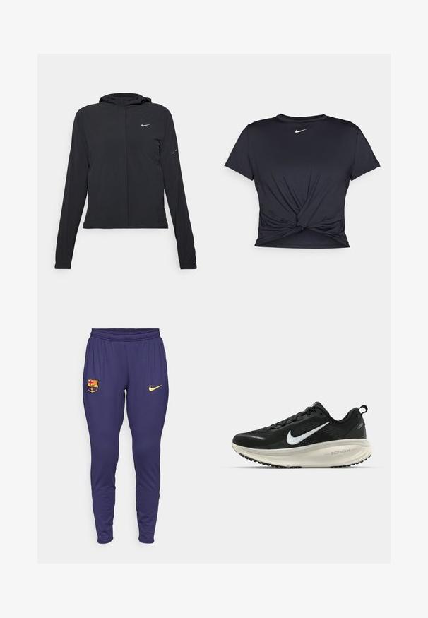 Casaco preto com capuz e mangas longas, feito de material leve. Apresenta um fecho dourado na frente, um logótipo da Nike e detalhes de design subtis.; T-shirt atlético preto feito de tecido liso, apresentando um design frontal com nó e um pequeno logótipo branco da Nike no peito.; Calças de atletismo azul-marinho com um cós elástico, apresentando um logótipo amarelo da Nike e um brasão multicolorido do FC Barcelona na coxa esquerda.; Sapatilha de corrida Nike preta com parte superior de malha respirável, logotipo Swoosh branco, detalhes texturizados e uma entressola ZoomX na cor creme.