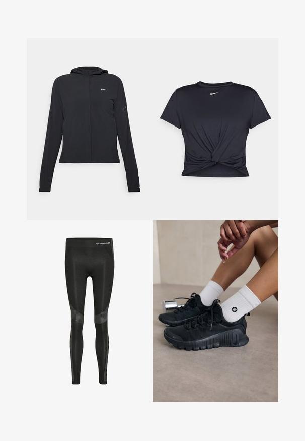 Czarna kurtka z kapturem, z długimi rękawami, wykonana z lekkiego materiału. Posiada zamek błyskawiczny z przodu, logo Nike oraz subtelne akcenty wzornicze.; Czarna sportowa koszulka z gładkiego materiału, z wiązanym przodem i małym białym logo Nike na piersi.; Czarne legginsy sportowe z wysokim stanem, fakturowanym materiałem i paskami wzdłuż boków dla dodatkowego akcentu.; Czarne buty sportowe z teksturowanej tkaniny, z warkoczowym wzorem i wyraźną podeszwą, w zestawie z białymi skarpetami prążkowanymi z małym logo.