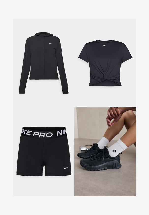 Black hooded jacket with long sleeves, made from lightweight material. Features a front zipper, a Nike logo, and subtle design accents.; Black athletic t-shirt made of smooth fabric, featuring a knotted front design and a small white Nike logo on the chest.; Black athletic shorts with a wide waistband featuring white "NIKE PRO" lettering, smooth texture, and a small white Nike logo on the side.; Black athletic shoes with textured fabric, laced design, and a prominent sole, paired with white ribbed socks featuring a small logo.
