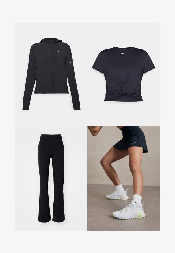 Crna jakna s kapuljačom i dugim rukavima, izrađena od laganog materijala. Ima prednji patentni zatvarač, Nike logo i suptilne dizajnerske detalje.; Crni trenirac s kratkim rukavima izrađen od glatkog materijala, s čvorastim dizajnom sprijeda i malim bijelim Nike logotipom na prsima.; Crne široke tajice od rastezljivog materijala, s visokim strukom i glatkom teksturom bez vidljivih uzoraka ili ukrasa.; Bijele atletske tenisice s teksturiranom površinom, neon zeleni detalji i istaknutim Nike logotipom. Uparene s bijelim čarapama do gležnja.