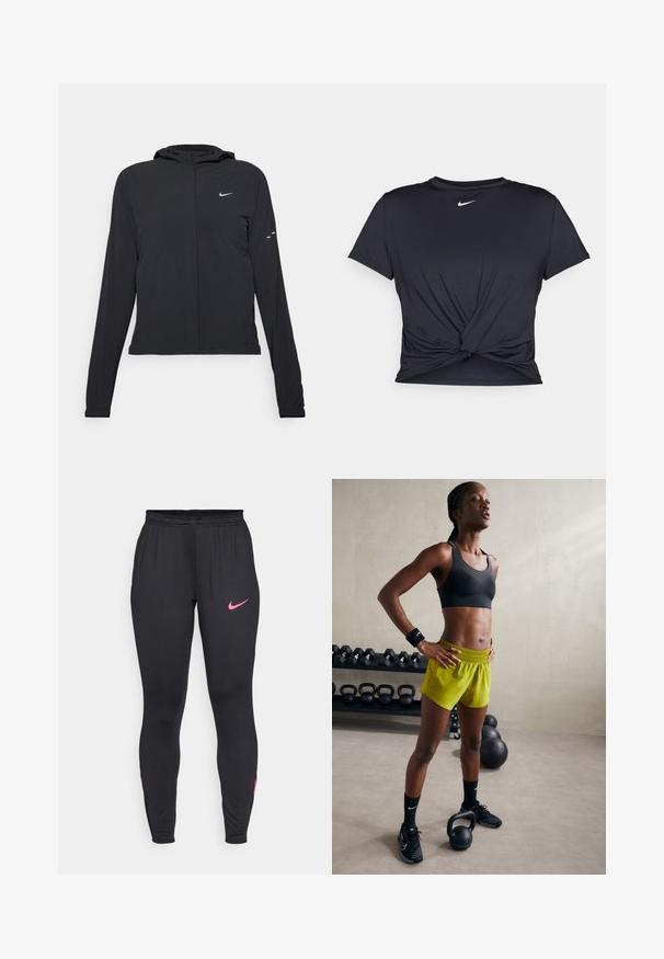 Zwarte kaptrui met lange mouwen, gemaakt van lichtgewicht materiaal. Voorzien van een ritssluiting aan de voorkant, een Nike-logo en subtiele ontwerpelementen.; Zwarte sportieve T-shirt van gladde stof, met een geknoopt ontwerp aan de voorkant en een klein wit Nike-logo op de borst.; Zwarte sportleggingen met een aansluitend design, voorzien van een roze Nike-logo op het linkerbeen en roze accenten aan de onderzijden. Elastische tailleband.; Zwarte sportbeha, felgele shorts met een elastische tailleband, zwarte sportschoenen en polsbanden, staande naast kettlebells.