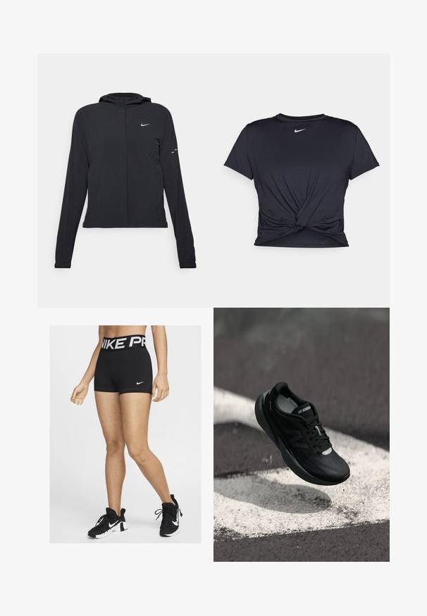 Black hooded jacket with long sleeves, made from lightweight material. Features a front zipper, a Nike logo, and subtle design accents.; Black athletic t-shirt made of smooth fabric, featuring a knotted front design and a small white Nike logo on the chest.; Black athletic shorts with a wide waistband featuring "NIKE PRO" in white lettering. A small white Nike swoosh logo is visible on the side.; Black running shoe with a textured upper, sleek design, and reflective accents. Features a soft, cushioned sole for comfort.