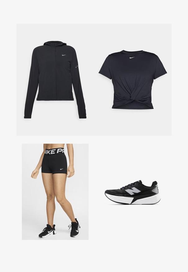 Black hooded jacket with long sleeves, made from lightweight material. Features a front zipper, a Nike logo, and subtle design accents.; Black athletic t-shirt made of smooth fabric, featuring a knotted front design and a small white Nike logo on the chest.; Black athletic shorts with a wide waistband featuring "NIKE PRO" in white lettering. A small white Nike swoosh logo is visible on the side.; Black and white New Balance running shoe with thick sole, mesh upper, and "N" logo on the side, viewed from the outer side.