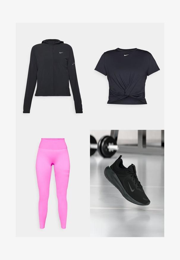 Black hooded jacket with long sleeves, made from lightweight material. Features a front zipper, a Nike logo, and subtle design accents.; Black athletic t-shirt made of smooth fabric, featuring a knotted front design and a small white Nike logo on the chest.; Fitted high-waisted leggings in vibrant pink. Smooth, stretchy fabric with a subtle textured stripe detail on the side.; Black sports sneaker with Nike logo, shown mid-air on gym floor, with blurred dumbbell rack in background.
