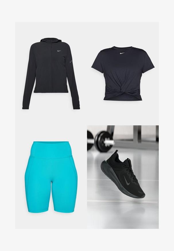 Fekete kapucnis dzseki hosszú ujjakkal, könnyű anyagból készült. Elülső cipzárral, Nike logóval és diszkrét dizájn elemekkel rendelkezik.; Fekete sportpóló sima anyagból, elöl megkötős dizájnnal, a mellkason egy kis fehér Nike logóval.; Akvakék, magas derekú bringa nadrág, sima, rugalmas anyagból készült, oldalsó varrással és testhezálló kialakítással a kényelem és rugalmasság érdekében.; Fekete sportcipő Nike logóval, amely a levegőben látható az edzőterem padlóján, a háttérben elmosódott kézi súlyzó állvánnyal.