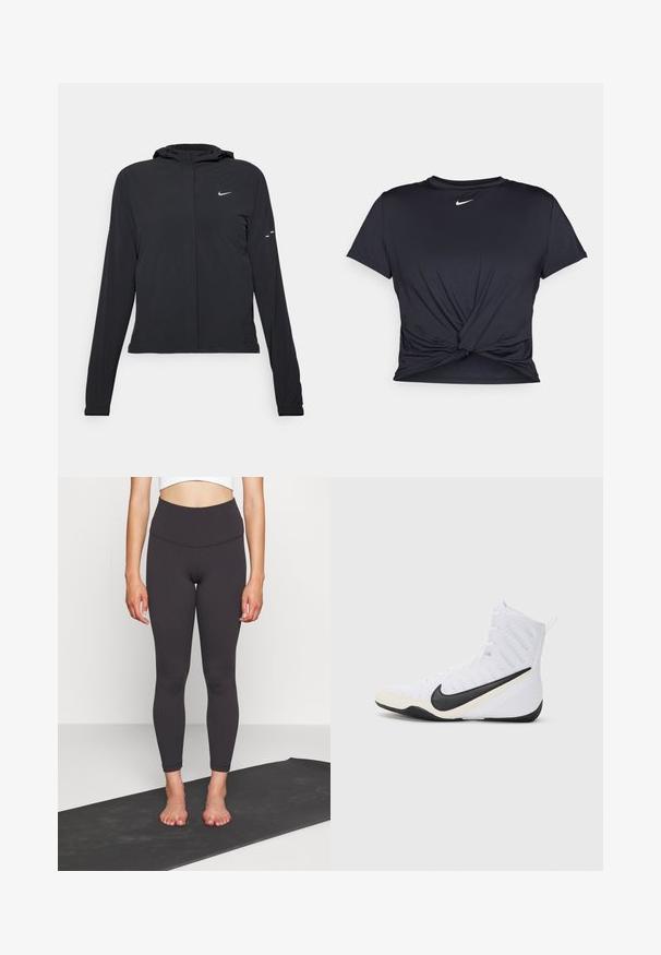 Veste à capuche noire avec des manches longues, fabriquée en matériau léger. Elle comporte une fermeture éclair à l'avant, un logo Nike et des accents de design subtils.; T-shirt de sport noir en tissu lisse, avec un design avant noué et un petit logo Nike blanc sur la poitrine.; Leggings noirs taille haute en tissu lisse et extensible avec une silhouette ajustée, se terminant à la cheville. À associer avec un haut court sur un tapis de yoga.; Chaussure de sport Nike en mesh blanc avec un logo Swoosh noir. Elle présente un design montante, un embout renforcé et une semelle extérieure noire texturée.