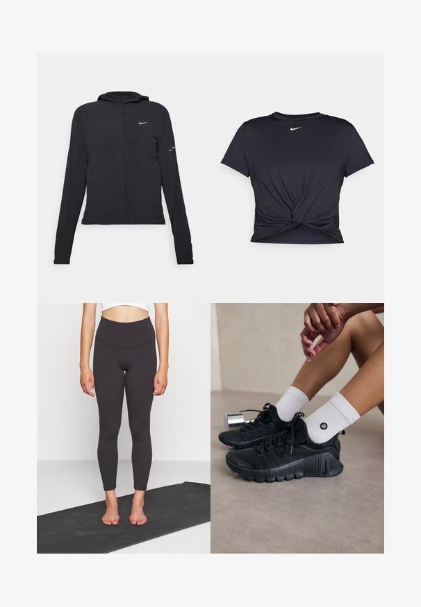 Svart huva jacka med långa ärmar, gjord av lätt material. Har en framdragare, en Nike-logotyp och subtila designelement.; Svart atletisk t-shirt i mjukt tyg, med en knuten framdesign och en liten vit Nike-logga på bröstet.; Höga svarta leggings i slät, stretchig textil med en figurnearad silhuett som slutar vid ankeln. Bär dem med en cropped topp på en yogamatta.; Svarta sportskor med texturerat tyg, snörning och en framträdande sula, tillsammans med vita ribbade strumpor med en liten logotyp.