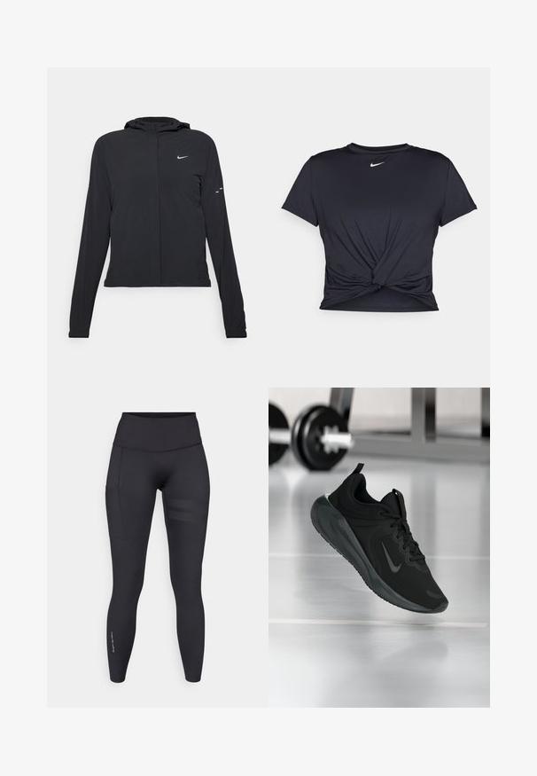 Casaco preto com capuz e mangas longas, feito de material leve. Apresenta um fecho dourado na frente, um logótipo da Nike e detalhes de design subtis.; T-shirt atlético preto feito de tecido liso, apresentando um design frontal com nó e um pequeno logótipo branco da Nike no peito.; Leggings de treino pretos feitos de material elástico, com uma cinta alta, bolso lateral e riscas horizontais texturizadas numa perna.; Sapatilha desportiva preta com o logotipo da Nike, mostrada em pleno ar sobre o chão do ginásio, com um suporte de halteres desfocado ao fundo.