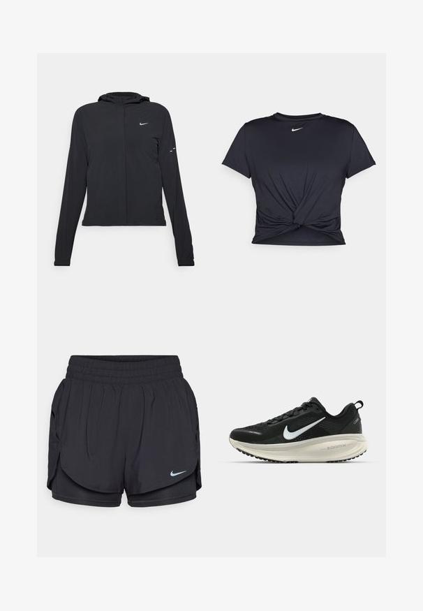 Čierna kapucňová bunda s dlhou rukávou, vyrobená z ľahkého materiálu. Má predný zips, logo Nike a jemné dizajnové akcenty.; Čierne atletické tričko vyrobené z hladkej tkaniny, so zaväzovaným predným dizajnom a malým bielym logom Nike na hrudi.; Čierne športové šortky s širokým elastickým pásom, bočnými vreckami a logom Nike. Vyrobené z ľahkej, vlhkosť odvádzajúcej tkaniny.; Čierne bežecké topánky Nike s priedušnou sieťovinou, bielym logom s symbolom swoosh, textúrovanými detailmi a krémovou ZoomX medzipodrážkou.