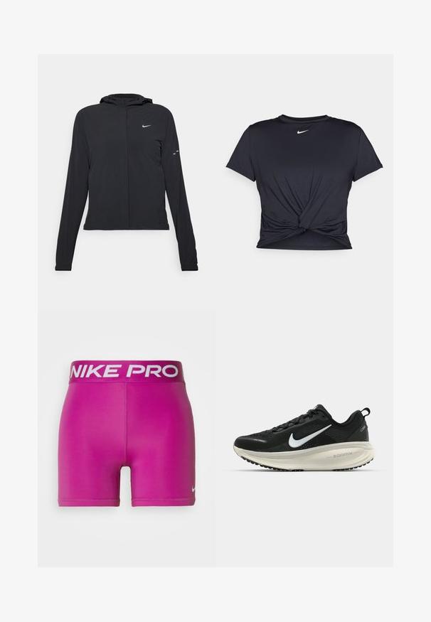Fekete kapucnis dzseki hosszú ujjakkal, könnyű anyagból készült. Elülső cipzárral, Nike logóval és diszkrét dizájn elemekkel rendelkezik.; Fekete sportpóló sima anyagból, elöl megkötős dizájnnal, a mellkason egy kis fehér Nike logóval.; Nike Performance SHORT - Leggingek - hot fuchsia; Fekete Nike futócipő légáteresztő hálós felsőrésszel, fehér Swoosh logóval, textúrázott részletekkel és krém színű ZoomX középtalppal.