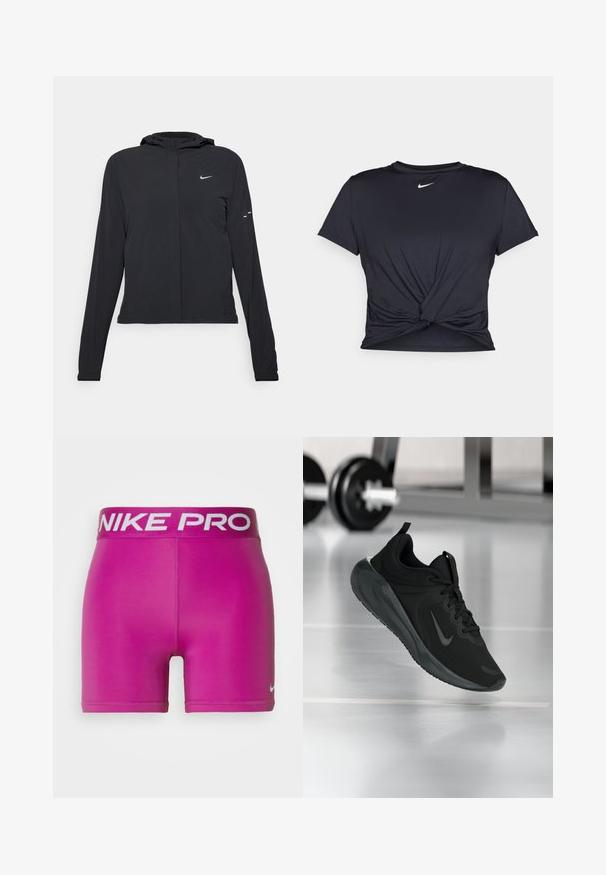 Schwarze Kapuzenjacke mit langen Ärmeln, aus leichtem Material gefertigt. Sie hat einen vorderen Reißverschluss, ein Nike-Logo und dezente Designelemente.; Schwarzes Sport-T-Shirt aus glattem Stoff, mit einem geknoteten Vorderdesign und einem kleinen weißen Nike-Logo auf der Brust.; Nike Performance SHORT - Tights - hot fuchsia; Schwarzer Sportsneaker mit Nike-Logo, mid-air über dem Boden des Fitnessstudios, mit unscharfem Hantelregal im Hintergrund.