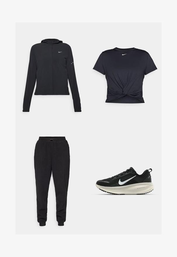 Sort hættetrøje med lange ærmer, lavet af letvægtsmateriale. Har en frontlynlås, et Nike-logo og subtile designaccenter.; Sort atletisk t-shirt lavet af glat stof, med et knyttet frontdesign og et lille hvidt Nike-logo på brystet.; Sorte joggebukser lavet af blødt materiale, med en afslappet pasform, elastisk talje med justerbar snor, og ribbede ankler.; Sort Nike løbesko med åndbart mesh-overdel, hvidt swoosh-logo, tekstureret detaljering og en cremede ZoomX mellemsål.