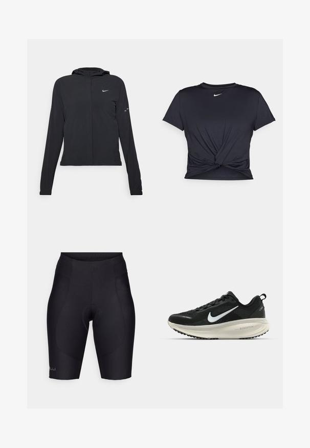 Veste à capuche noire avec des manches longues, fabriquée en matériau léger. Elle comporte une fermeture éclair à l'avant, un logo Nike et des accents de design subtils.; T-shirt de sport noir en tissu lisse, avec un design avant noué et un petit logo Nike blanc sur la poitrine.; Shorts de cyclisme noirs en matériau extensible, dotés d'un rembourrage, d'une taille élastique et de coutures lisses pour un ajustement aérodynamique.; Baskets de course noir Nike avec tige respirante en mesh, logo swoosh blanc, détails texturés et semelle intermédiaire ZoomX de couleur crème.