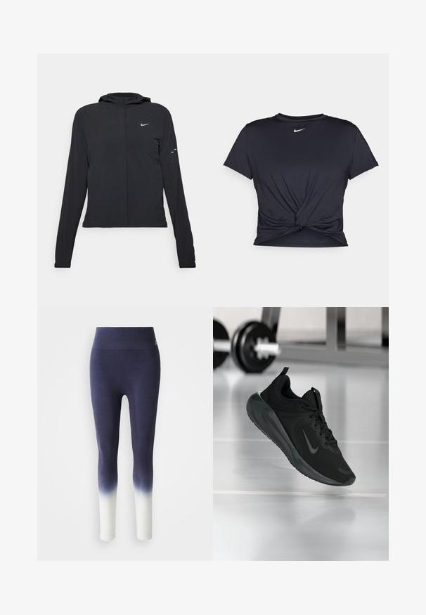 Zwarte kaptrui met lange mouwen, gemaakt van lichtgewicht materiaal. Voorzien van een ritssluiting aan de voorkant, een Nike-logo en subtiele ontwerpelementen.; Zwarte sportieve T-shirt van gladde stof, met een geknoopt ontwerp aan de voorkant en een klein wit Nike-logo op de borst.; Hoge taille damesleggings met een marineblauwe bovenkant die vervaagt naar wit bij de enkels, gemaakt van rekbare stof.; Zwarte sportsneaker met Nike-logo, weergegeven in de lucht boven de gymvloer, met een vervaagde halterrek op de achtergrond.