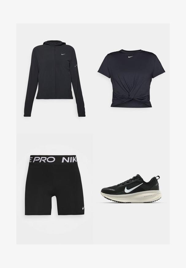 Zwarte kaptrui met lange mouwen, gemaakt van lichtgewicht materiaal. Voorzien van een ritssluiting aan de voorkant, een Nike-logo en subtiele ontwerpelementen.; Zwarte sportieve T-shirt van gladde stof, met een geknoopt ontwerp aan de voorkant en een klein wit Nike-logo op de borst.; Zwarte sportshorts met een brede zwarte tailleband met "NIKE PRO" in witte letters. Bevat een klein wit Nike Swoosh-logo op het been.; Zwarte Nike hardloopschoen met ademend mesh bovenwerk, witte swoosh-logo, gestructureerde details en een crèmekleurige ZoomX middenzool.