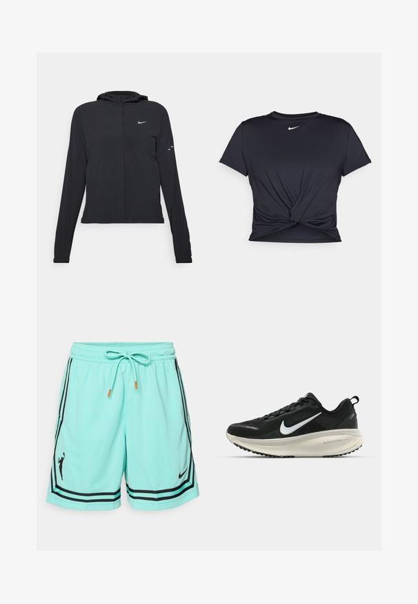 Svart hettegenser med lange ermer, laget av lett materiale. Har glidelås foran, Nike-logo og subtile design detaljer.; Svart trenings T-skjorte laget av glatt stoff, med en knyttet frontdesign og en liten hvit Nike-logo på brystet.; Turkise treningsshorts med svarte sideStriper, elastisk midjebånd, snor, og en svart silhuettlogo på venstre ben.; Svart Nike løpesko med pustende mesh-overdel, hvit swoosh-logo, teksturert detaljer og en kremfarget ZoomX mellomsåle.