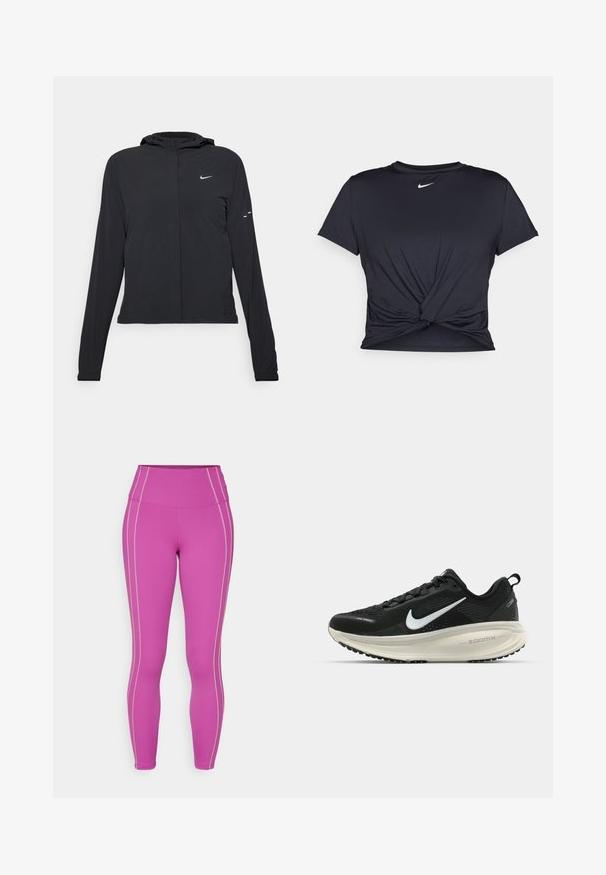 Juodas gobtuvas striukė su ilgomis rankovėmis, pagaminta iš lengvo audinio. Pasižymi priekiniais užtrauktukais, Nike logotipu ir subtiliais dizaino akcentais.; Juodas sportinis marškinėlis, pagamintas iš lygios medžiagos, su surišta priekiu ir mažu baltu Nike logotipu ant krūtinės.; Aukštos talpos sportinės leginsai ryškiai rožinės spalvos, su aukštu liemeniu ir kontrastinėmis šviesiai pilkomis šoninėmis siūlėmis. Lygus audinys, elastinga medžiaga.; Juodas Nike sportinis batelis su kvėpuojančiu tinklu, baltu swoosh logotipu, tekstūruoto dizaino detalėmis ir grietinėlės spalvos ZoomX viduriu.