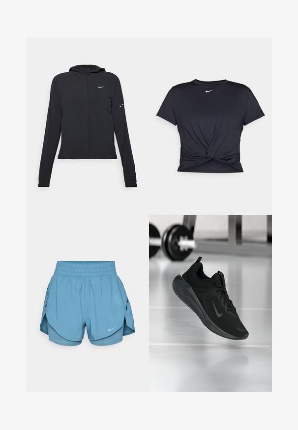 Juodas gobtuvas striukė su ilgomis rankovėmis, pagaminta iš lengvo audinio. Pasižymi priekiniais užtrauktukais, Nike logotipu ir subtiliais dizaino akcentais.; Juodas sportinis marškinėlis, pagamintas iš lygios medžiagos, su surišta priekiu ir mažu baltu Nike logotipu ant krūtinės.; Svaigiai mėlyni Nike šortai su elastinga juosmens juosta, sluoksniuota konstrukcija ir šoninėmis plyšelėmis vėdinimui. Priekyje yra mažas logotipo detalė.; Juodas sportinis sportbačiai su Nike logotipu, pavaizduoti ore virš sporto salės grindų, fone išblurinta hantelių laikiklis.