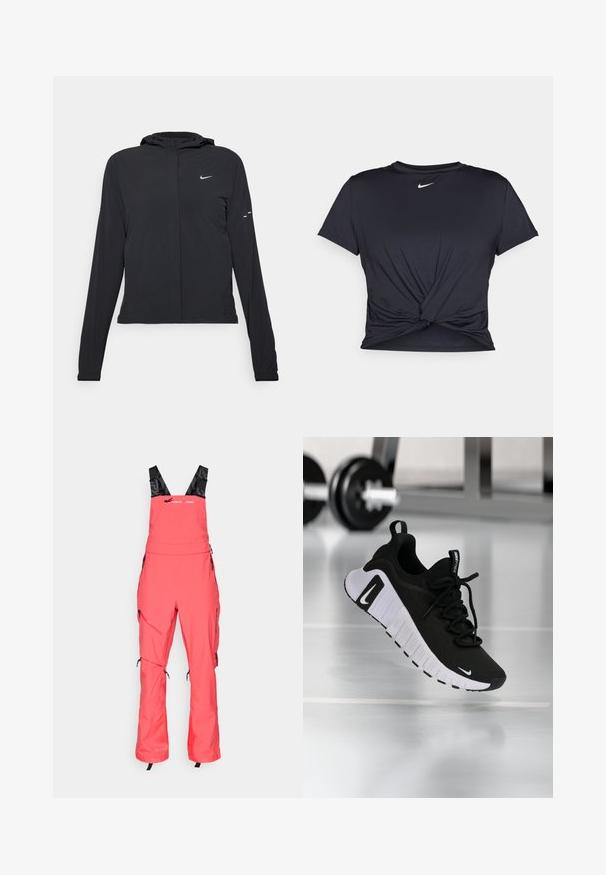 Juodas gobtuvas striukė su ilgomis rankovėmis, pagaminta iš lengvo audinio. Pasižymi priekiniais užtrauktukais, Nike logotipu ir subtiliais dizaino akcentais.; Juodas sportinis marškinėlis, pagamintas iš lygios medžiagos, su surišta priekiu ir mažu baltu Nike logotipu ant krūtinės.; Koralo spalvos sniego kombinezonas su reguliuojamais juodais dirželiais, užtrauktukais uždaromais kišenėmis ir raišteliais ant kojų. Vandeniui nepralaidus audinys, modernus siluetas.; Juoda sportinė avalynė su tekstūruotu audinio viršumi, balta padu ir ryškiu raištelių sistemu. Puošta Nike logotipu ir minkštu, paminkštintu dizainu.