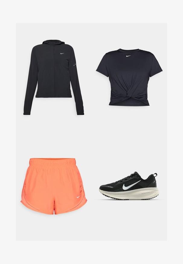 Čierna kapucňová bunda s dlhou rukávou, vyrobená z ľahkého materiálu. Má predný zips, logo Nike a jemné dizajnové akcenty.; Čierne atletické tričko vyrobené z hladkej tkaniny, so zaväzovaným predným dizajnom a malým bielym logom Nike na hrudi.; Korálové Nike šortky majú elastický pás, postranné rozparky pre lepšiu pohyblivosť a malé strieborné logo na dolnom pravej strane. Hladká, ľahká tkanina.; Čierne bežecké topánky Nike s priedušnou sieťovinou, bielym logom s symbolom swoosh, textúrovanými detailmi a krémovou ZoomX medzipodrážkou.