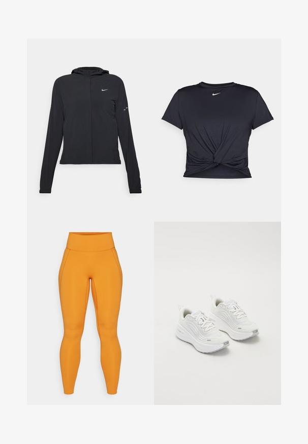 Fekete kapucnis dzseki hosszú ujjakkal, könnyű anyagból készült. Elülső cipzárral, Nike logóval és diszkrét dizájn elemekkel rendelkezik.; Fekete sportpóló sima anyagból, elöl megkötős dizájnnal, a mellkason egy kis fehér Nike logóval.; Narancssárga, magas derekú leggings, sima, rugalmas textúrával, oldalsó varrási részletekkel, melyek további dizájnt adnak.; Fehér sportcipő, texturált hálós felsőrésszel, párnázott talppal és diszkrét szürke díszítésekkel. Tartalmazza a márkázást és a könnyű felhúzást segítő hurkot a sarokrészen.