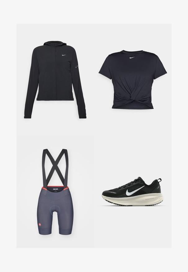 Juodas gobtuvas striukė su ilgomis rankovėmis, pagaminta iš lengvo audinio. Pasižymi priekiniais užtrauktukais, Nike logotipu ir subtiliais dizaino akcentais.; Juodas sportinis marškinėlis, pagamintas iš lygios medžiagos, su surišta priekiu ir mažu baltu Nike logotipu ant krūtinės.; Vyrų dviračių lauko šortai tamsiai mėlynos spalvos audinio su raudonais akcentais, turintys besiūlį chamois padas ir kryžminio nugaros diržo dizainą.; Juodas Nike sportinis batelis su kvėpuojančiu tinklu, baltu swoosh logotipu, tekstūruoto dizaino detalėmis ir grietinėlės spalvos ZoomX viduriu.