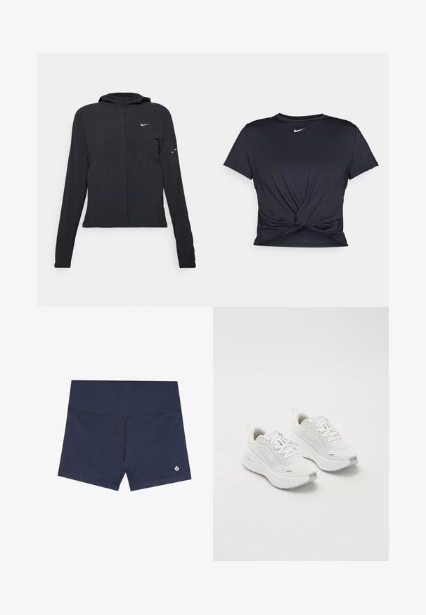 Melnā kapuci jaka ar garām piedurknēm, izgatavota no viegla materiāla. Tam ir priekšējais rāvējslēdzis, Nike logo un smalki dizaina akcenti.; Melna sporta t-kreklu ar gludu audumu, ar mezglošanas priekšpusi un mazu baltu Nike logotipu uz krūšu daļas.; Jūras zila peldēšanas šorti, kas izgatavoti no gludas auduma, ar bezšuvju dizainu, elastīgu jostu un mazu logotipu apakšējā labajā pusē.; Baltas sporta apavi ar teksturētu sieta augšdaļu, mīkstinātu zoli un smalkiem pelēkiem akcentiem. Iekļauj zīmolu un cilpu papēža cilpu vieglai uzvilkšanai.