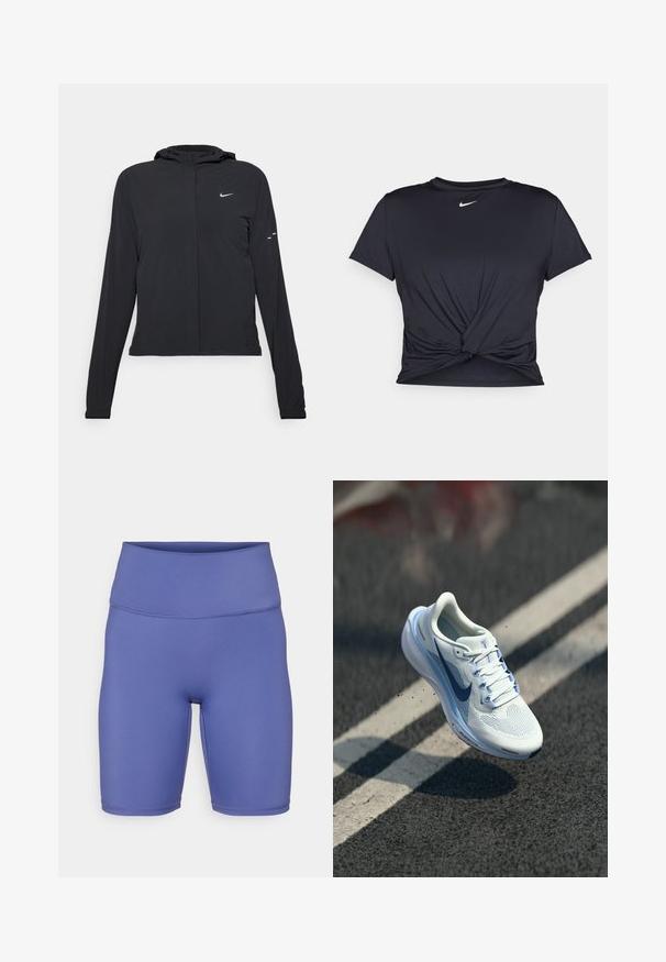 Must musta kapuutsiga jakk, millel on pikad varrukad ja mis on valmistatud kergetest materjalidest. Omab esitaskut, Nike logo ja kergelt silmatorkavaid disainiaktsente.; Mustmust musta sportlik T-särk, mis on valmistatud sujuvast kangast, millel on sõlmega esikülg ja väike valge Nike logo rinnal.; Kõrge vöökohaga jalgrattashortsid ühtlasest lavendli värvi kangast. Sile tekstuur koos õmblusdetailidega ja lähedalt istuv disain mugavuse ja liikuvuse tagamiseks.; Valge sportlik king, millel on hingav võrkkangas ja sinised aktsendid. Omab pehmet talla ja tasaseid paelu. Kesksolel on „Air Zoom“ brändingu märge.