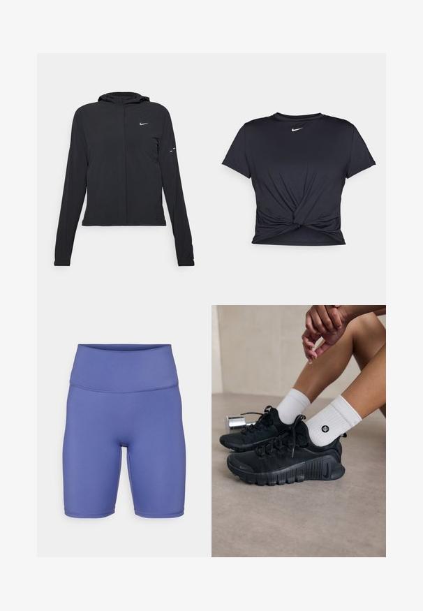 Czarna kurtka z kapturem, z długimi rękawami, wykonana z lekkiego materiału. Posiada zamek błyskawiczny z przodu, logo Nike oraz subtelne akcenty wzornicze.; Czarna sportowa koszulka z gładkiego materiału, z wiązanym przodem i małym białym logo Nike na piersi.; Rowerki o wysokim stanie w gładkim, lawendowym kolorze. Gładka tekstura z detalami szycia oraz dopasowany krój zapewniające komfort i swobodę ruchów.; Czarne buty sportowe z teksturowanej tkaniny, z warkoczowym wzorem i wyraźną podeszwą, w zestawie z białymi skarpetami prążkowanymi z małym logo.
