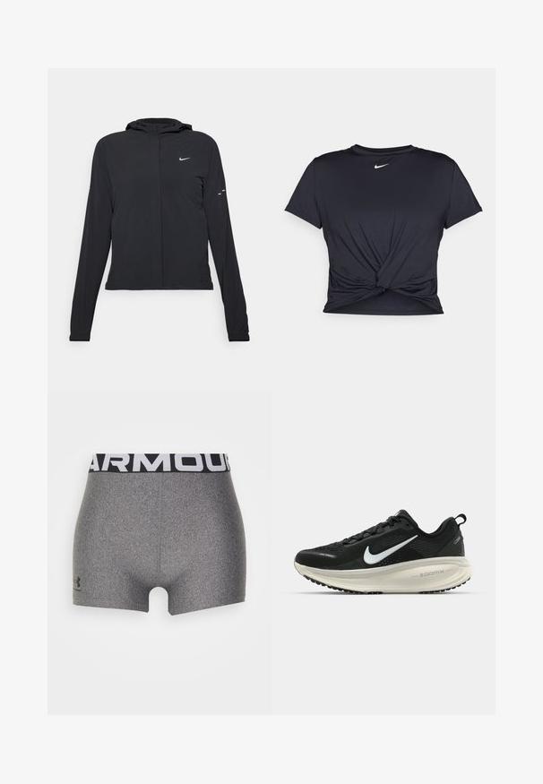 Schwarze Kapuzenjacke mit langen Ärmeln, aus leichtem Material gefertigt. Sie hat einen vorderen Reißverschluss, ein Nike-Logo und dezente Designelemente.; Schwarzes Sport-T-Shirt aus glattem Stoff, mit einem geknoteten Vorderdesign und einem kleinen weißen Nike-Logo auf der Brust.; Graue Sportshorts mit einer figurschmeichelnden Passform, hergestellt aus einem strukturierten Material. Sie verfügen über einen breiten schwarzen Bund mit "ARMOUR" in Weiß.; Schwarzer Nike-Laufschuh mit atmungsaktivem Mesh-Obermaterial, weißem Swoosh-Logo, strukturierten Details und einer cremefarbenen ZoomX-Zwischensohle.