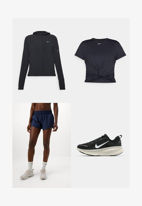Mustassa hupparissa on pitkät hihat, ja se on valmistettu kevyestä materiaalista. Siinä on edessä vetoketju, Nike-logo ja hillityt muotoiluyksityiskohdat.; Musta urheilu T-paita, joka on valmistettu sileästä kankaasta, jossa on solmittu etuosa ja pieni valkoinen Nike-logo rinnassa.; Nainen, jolla on päällään tummansiniset urheilushortsit, valkoiset Nike-sukat ja vaaleanpunaiset Nike-tennarit, seisoo tasaisella valkoisella taustalla.; Mustat Nike-juoksukengät, joissa on hengittävä verkko-osa, valkoinen swoosh-logo, teksturoitu yksityiskohtaus ja kermaisen värinen ZoomX-välipohja.