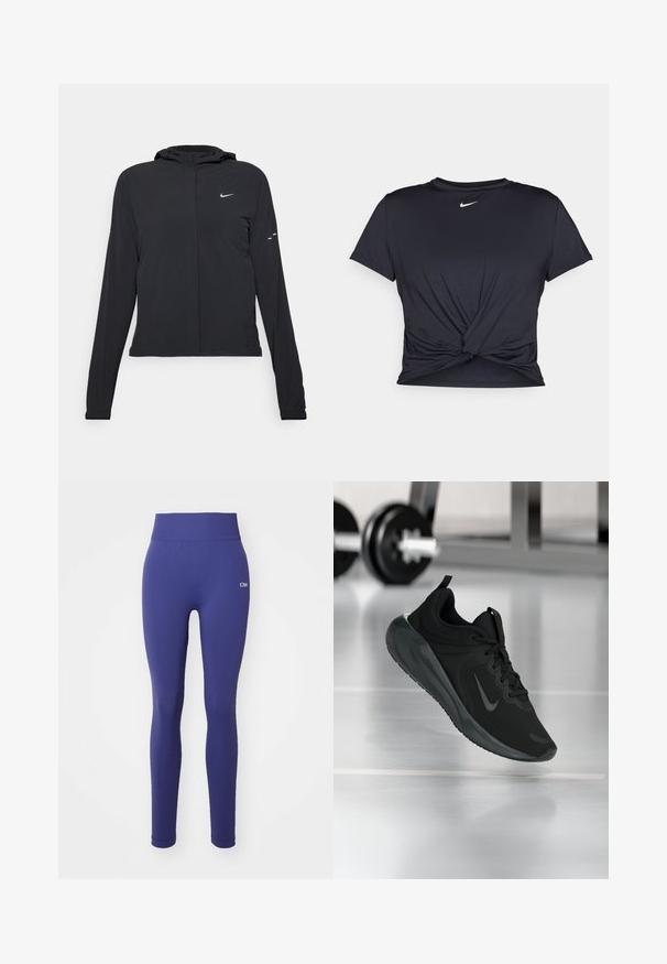 Veste à capuche noire avec des manches longues, fabriquée en matériau léger. Elle comporte une fermeture éclair à l'avant, un logo Nike et des accents de design subtils.; T-shirt de sport noir en tissu lisse, avec un design avant noué et un petit logo Nike blanc sur la poitrine.; Leggings bleu marine fabriqués en matériau extensible, avec une large ceinture, une texture lisse et un détail de logo subtil sur la hanche.; Baskets de sport noires avec le logo Nike, montrées en l'air au-dessus d'un sol de gym, avec un rack de haltères flou en arrière-plan.