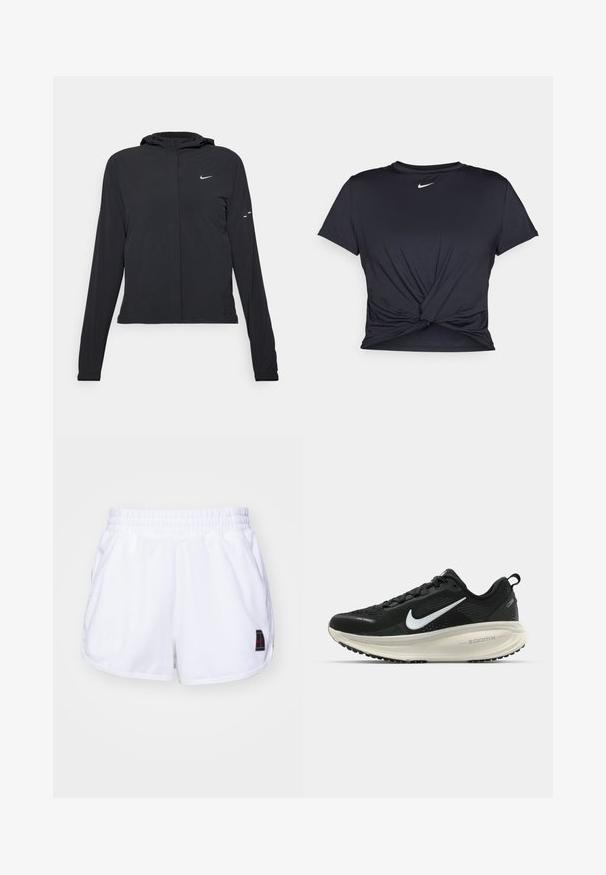 Casaco preto com capuz e mangas longas, feito de material leve. Apresenta um fecho dourado na frente, um logótipo da Nike e detalhes de design subtis.; T-shirt atlético preto feito de tecido liso, apresentando um design frontal com nó e um pequeno logótipo branco da Nike no peito.; Nike Performance HERITAGE - Calções desportivos - white; Sapatilha de corrida Nike preta com parte superior de malha respirável, logotipo Swoosh branco, detalhes texturizados e uma entressola ZoomX na cor creme.