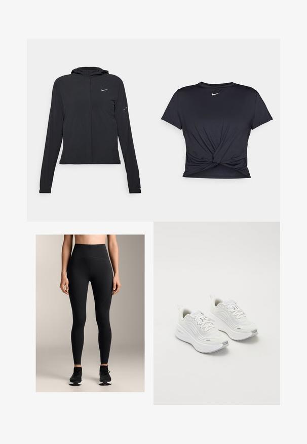 Jachetă neagră cu glugă, cu mâneci lungi, fabricată din material ușor. Dispune de un fermoar frontal, un logo Nike și accente de design subtile.; Tricou sport negru din material neted, cu un design frontal legat și un mic logo Nike alb pe piept.; Leggings negre cu talie înaltă, fabricate dintr-un material elastic, având o textură netedă, detalii cu cusături și un design ajustat.; Pantofi sport albi cu un superior din plasă texturată, talpă amortizată și accente subtile de gri. Include branding și un buclă la călcâi pentru a fi ușor de încălțat.