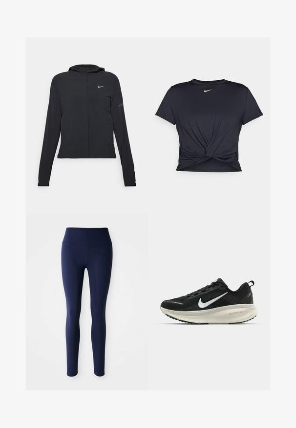 Czarna kurtka z kapturem, z długimi rękawami, wykonana z lekkiego materiału. Posiada zamek błyskawiczny z przodu, logo Nike oraz subtelne akcenty wzornicze.; Czarna sportowa koszulka z gładkiego materiału, z wiązanym przodem i małym białym logo Nike na piersi.; Granatowe legginsy do bioder, pełnej długości, o gładkim, dopasowanym kroju i subtelnym, stonowanym przeszyciu.; Czarna biegowa półbut z oddychającej siateczki, białym logo swoosh, teksturowanymi detalami oraz kremową podeszwą środkową ZoomX.