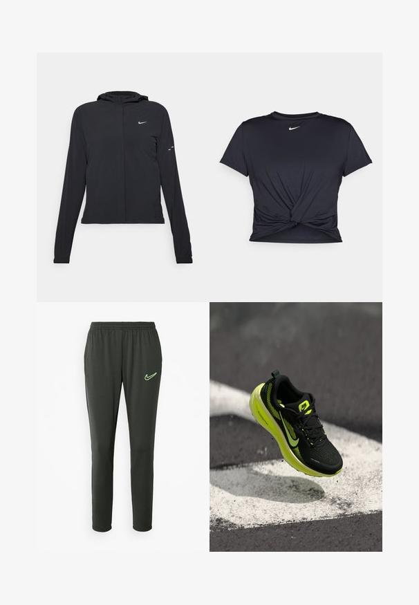 Zwarte kaptrui met lange mouwen, gemaakt van lichtgewicht materiaal. Voorzien van een ritssluiting aan de voorkant, een Nike-logo en subtiele ontwerpelementen.; Zwarte sportieve T-shirt van gladde stof, met een geknoopt ontwerp aan de voorkant en een klein wit Nike-logo op de borst.; Nike joggers in donkergrijs, met een elastische tailleband, taps toelopende benen en een neon groene logo-accent op de linker dij.; Zwarte hardloopschoen met gele accenten, bovenwerk van mesh, gestructureerd patroon en prominent merklogo. Lichtgewicht schuimzool voor demping.
