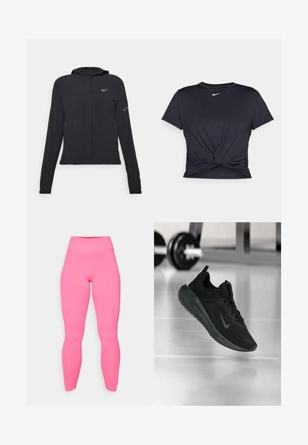 Giacca nera con cappuccio e maniche lunghe, realizzata in materiale leggero. Presenta una zip frontale, il logo Nike e accenti di design sottili.; Maglietta atletica nera realizzata in tessuto liscio, con un design anteriore annodato e un piccolo logo Nike bianco sul petto.; Leggings fucsia a vita alta realizzati in tessuto elasticizzato. Texture liscia, design aderente, lunghezza alla caviglia e senza motivi o accessori visibili.; Sneaker sportivo nero con logo Nike, mostrato in volo su un pavimento da palestra, con un supporto per pesi sfocato sullo sfondo.