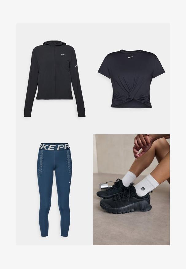 Casaco preto com capuz e mangas longas, feito de material leve. Apresenta um fecho dourado na frente, um logótipo da Nike e detalhes de design subtis.; T-shirt atlético preto feito de tecido liso, apresentando um design frontal com nó e um pequeno logótipo branco da Nike no peito.; Leggings de desempenho azul-marinho com uma larga cintura elástica rotulada "NIKE PRO." Apresenta detalhes em padrão de bolinhas nas laterais.; Sapatilhas atléticas pretas com tecido texturizado, design com atacadores e uma sola proeminente, emparelhadas com meias brancas com nervuras e um pequeno logótipo.